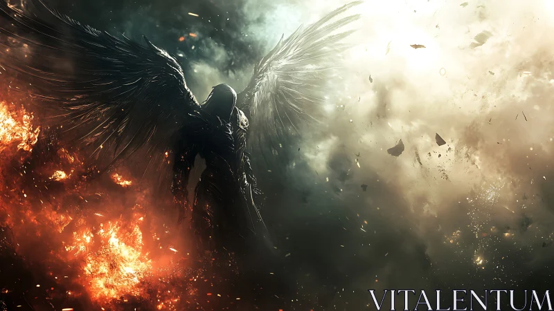 Armored fallen angel in fiery storm-lit apocalyptic sky