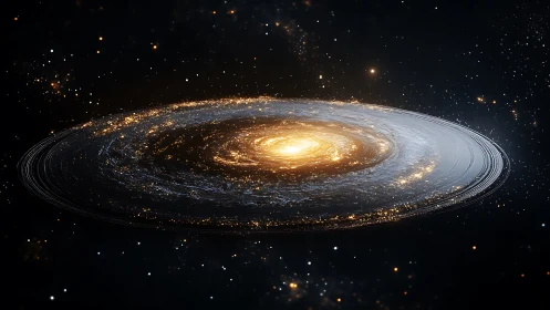 Spiral galaxy disc with bright golden central core in space.