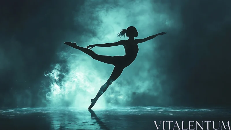 Silhouetted dancer in arabesque against teal atmospheric haze