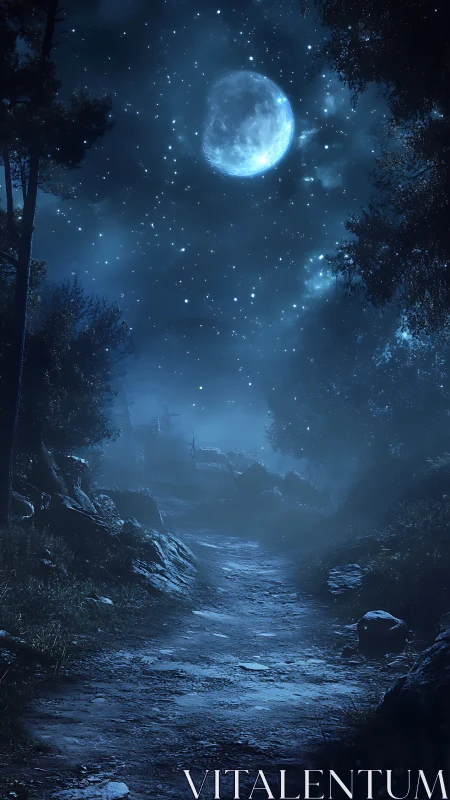 Moonlit forest path under dense stars and cold mist.
