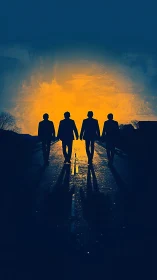 Sunlit silhouettes of four friends stride toward glowing dusk