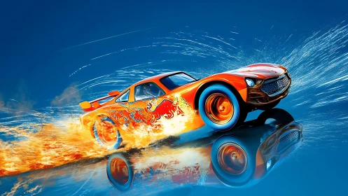 Blazing orange race car rockets forward in a trail of fire