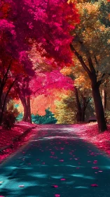 Vivid forest road under pink and orange foliage canopy.