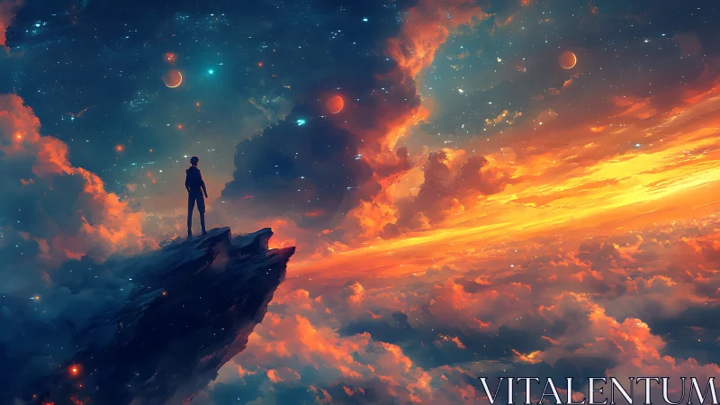 Cosmic vantage point on nebular horizon in digital painting.