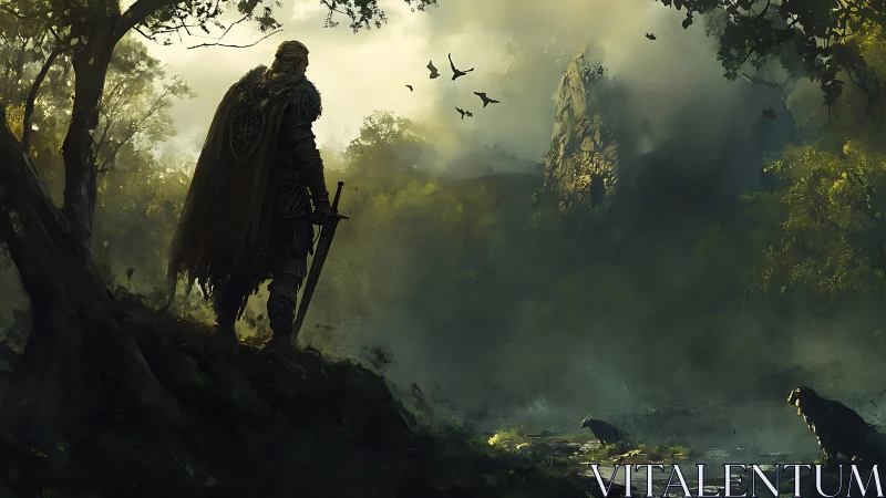 Fantasy warrior overlooking misted forest valley composition.