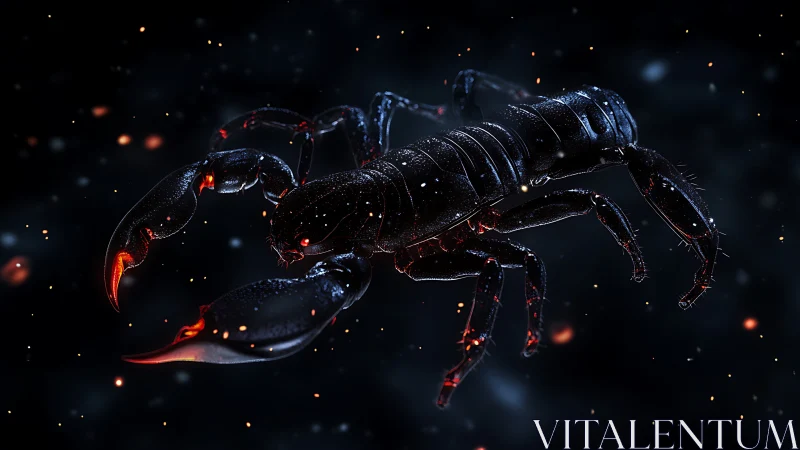 Starlit obsidian scorpion drifting through embered void.
