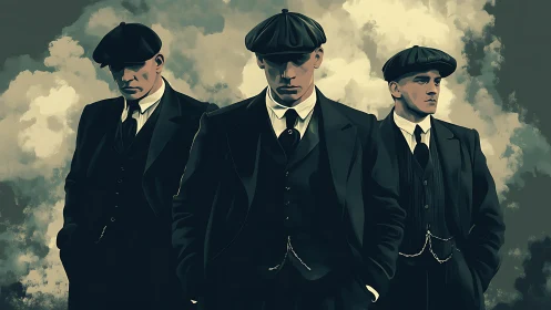 Triadic portrait of suited men in stylized low-key digital rendering