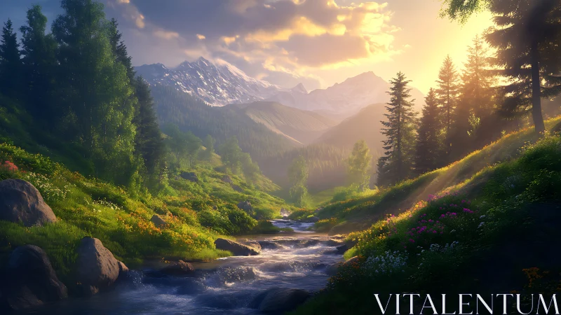 Soft sunrise over a wildflower creek in quiet mountains.