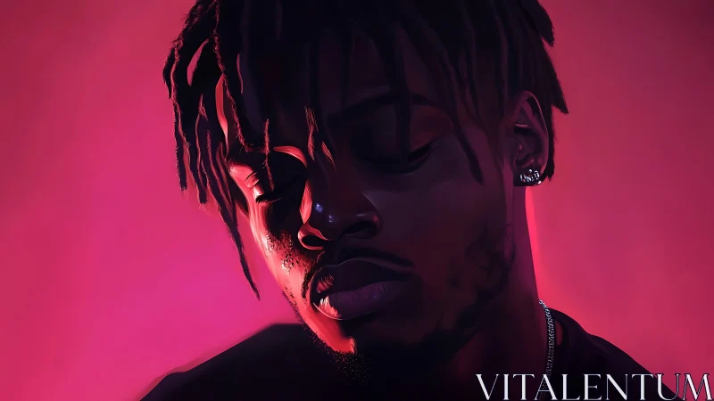 Neon-lit digital portrait renders introspective male profile in chiaroscuro