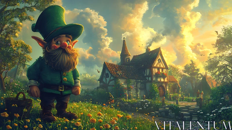 Whimsical gnome in sunlit cottage garden, rich color lighting.