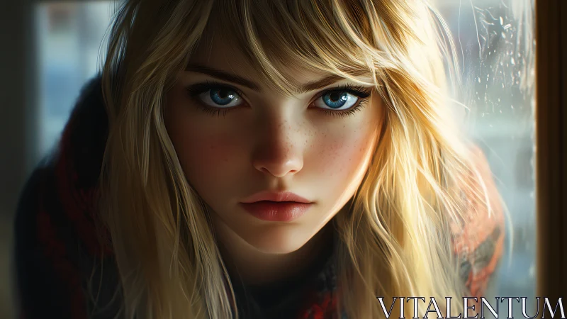 Frostlit gaze of the freckled girl at the windowpane.