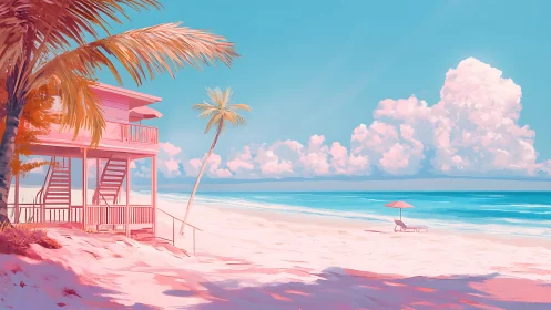 Neon-hued tropical beach composition with lifeguard station and luminescent cloudscape.