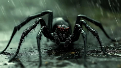 Predatory rain-soaked spider rendered in cinematic detail.