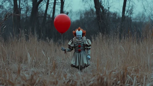 Sinister clown with red balloon in bleak autumn marshland.