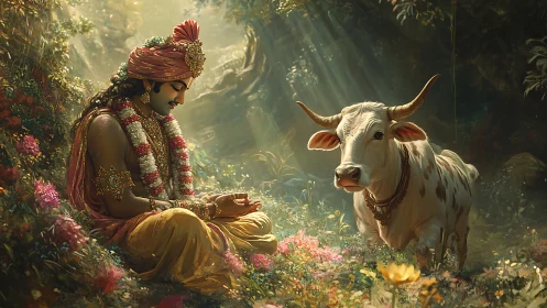 Seated figure and cow occupy forest clearing under light rays