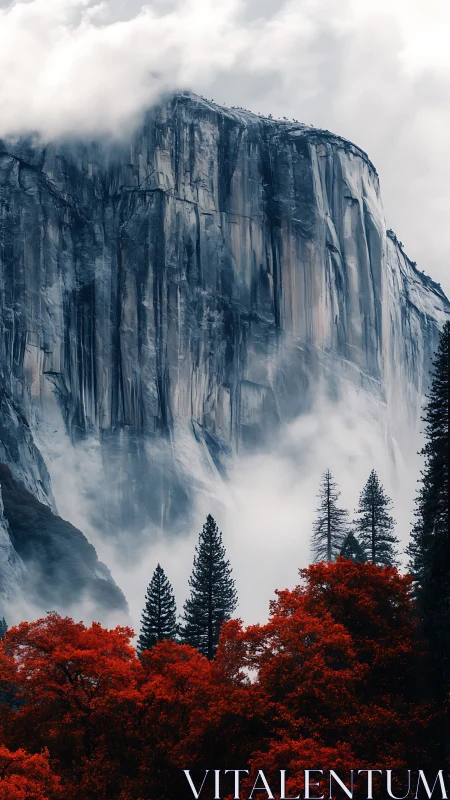 Crimson forest resting beneath a misty granite giant.