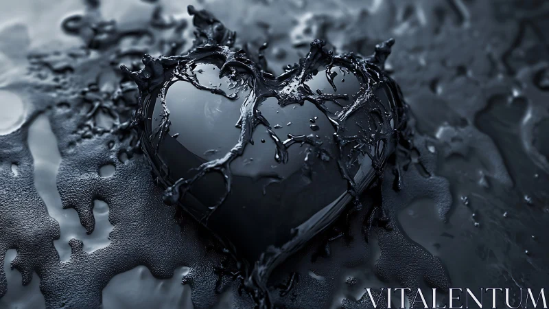 Black heart-shaped form with water droplets and surface texture.