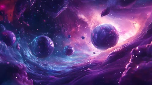 Dreamy cosmic orbs drifting through swirling violet nebulae.