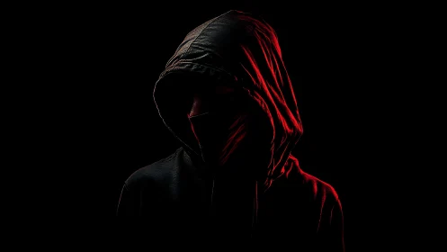 Shadowed hooded figure carved in crimson neon secrecy.