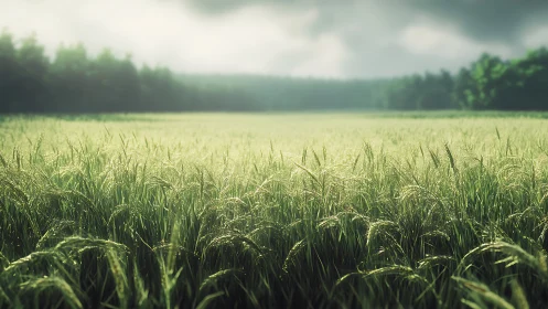 Sunlit wheat whispers under brooding morning sky.