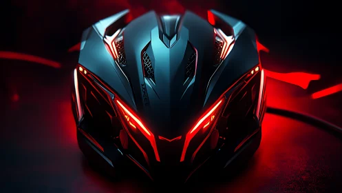 Cybernetic gaming helmet glows with red neon circuitry.