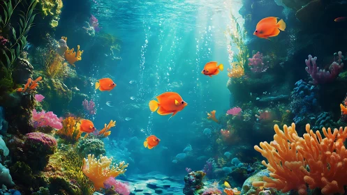 Orange reef fish swim through detailed digital coral scene