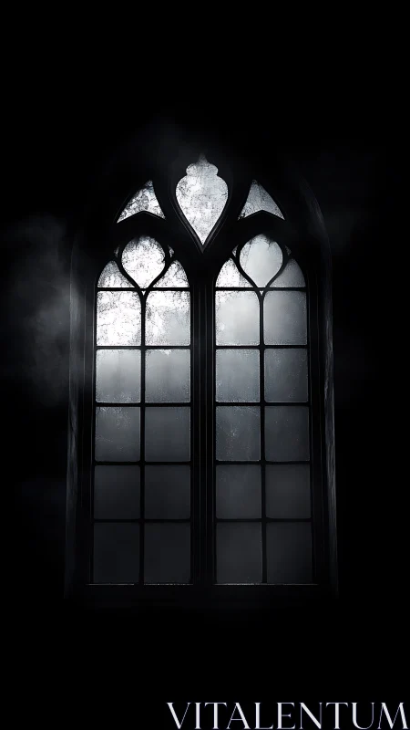 Gothic lancet window in volumetric fog, high-contrast study.