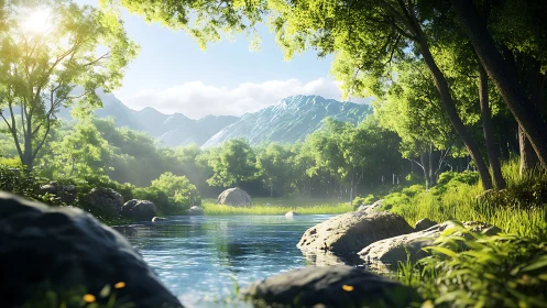 Sunlit forest river reflects tranquil mountains and sky