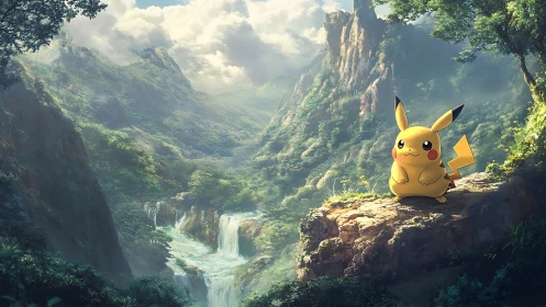 Pikachu on cliff above lush valley and waterfalls scene