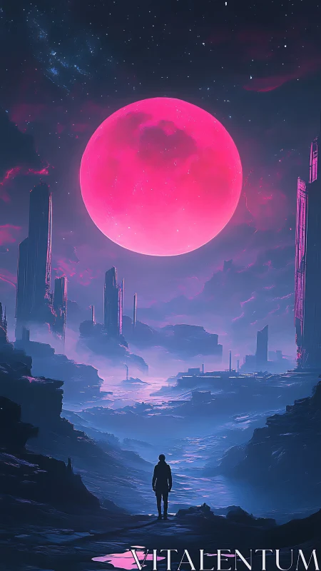 Crimson moonrise above neon ruins on a lonely cosmic path.