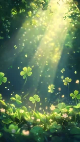 Sunlit clover meadow sparkles gently in soft forest light