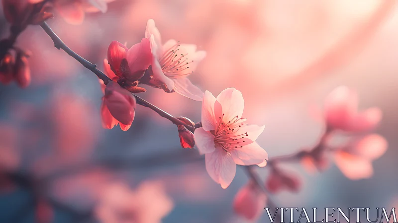 Delicate spring blossoms bathed in warm pink morning light