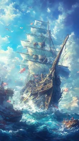 Large multi-masted sailing ship in rough open sea conditions.