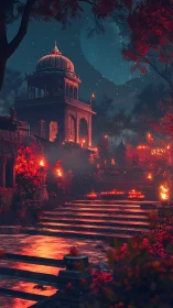 Moonlit temple terrace glows with fiery lantern light.