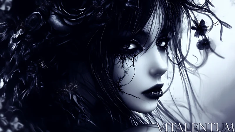 Moonlit gothic muse gazes softly through tangled dark blooms