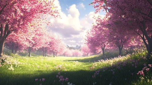 Sunlit cherry blossom path inviting a gentle spring wander.