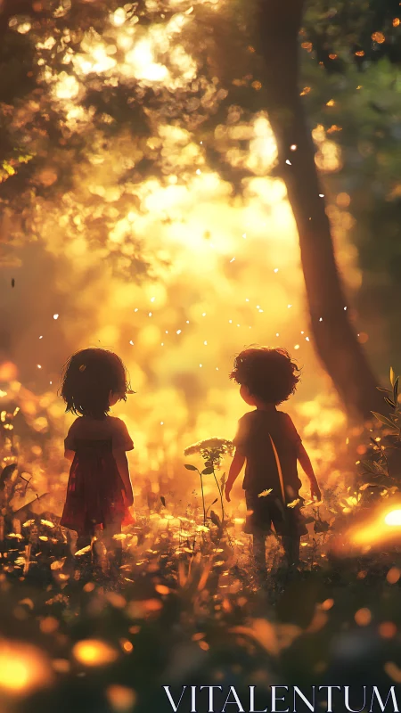 Golden hour childhood wonder in a glowing forest meadow.
