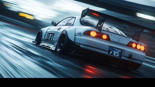 Modified white race car on wet night circuit in motion.