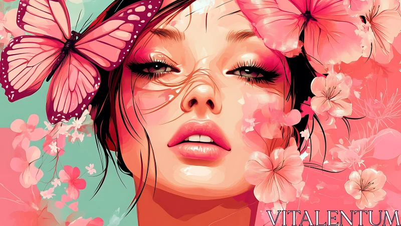 Digital portrait of woman with pink butterflies and blossoms