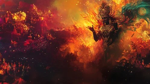 Fiery cosmic goddess amid blazing celestial cityscape.