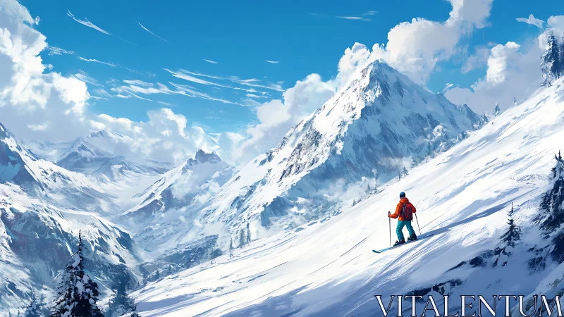 Lone skier descends vast sunlit alpine powder slopes.