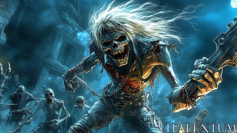 Moonlit undead rocker leads a wild midnight graveyard charge.