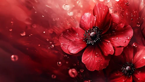 Vivid Red Flowers Suspended in Crystalline Droplet Array.