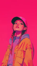 Neon punk girl studies horizon under vivid magenta sky.