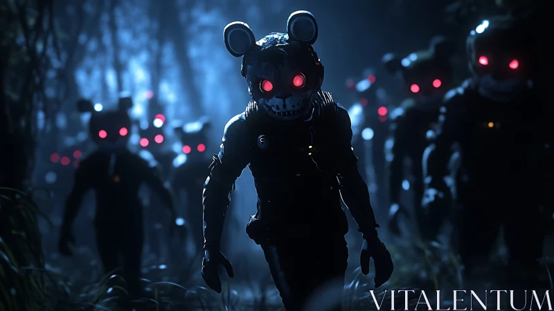 Eerie robot creatures stride through a glowing midnight forest