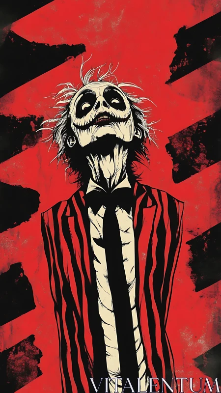 Skeleton-faced figure in striped suit leans back and stares upward