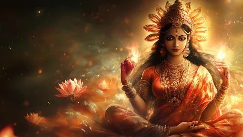 Fiery lotus goddess in ornate orange sari with radiant halo