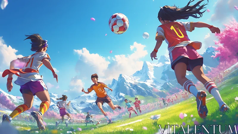 Joyful girls’ soccer match unfolds under bright mountain skies