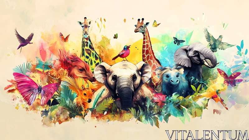Vibrant wildlife animals gather in a rainbow jungle dreamscape