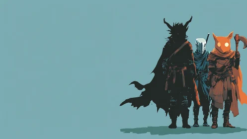 Hooded fantasy trio stand in stark minimalist silhouette.